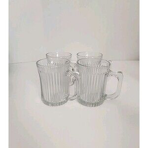 4 Vintage Royal Crest Ribbed Clear Glass Coffe Tea Mugs with D Handle